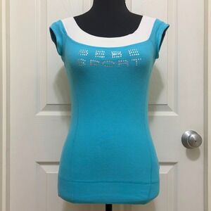 Vintage Y2K Bebe Sport Ribbed Top Blue XS S M Rhinestone McBling USA Made 2000s